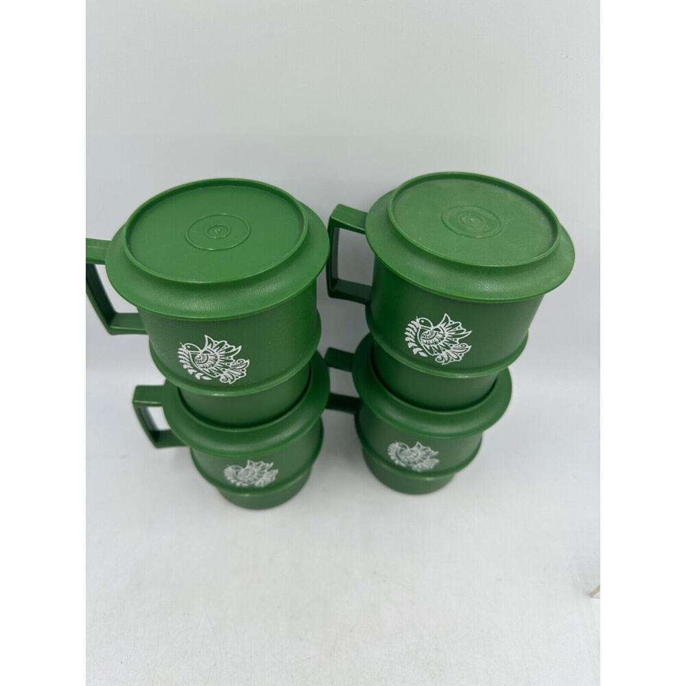 Tupperware Mugs Christmas Holiday Cups & Coasters Green Bird 1312 Vtg - Picture 3 of 11